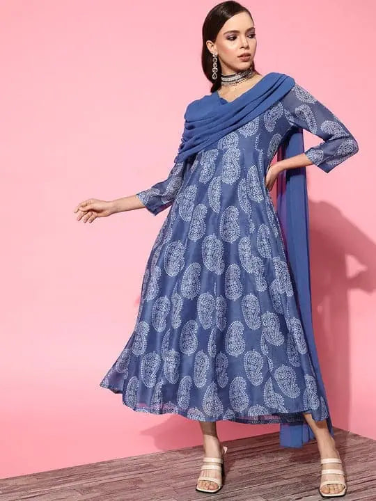 Blue Chanderi Paisley Dupatta Dress - Indian Dresses Online