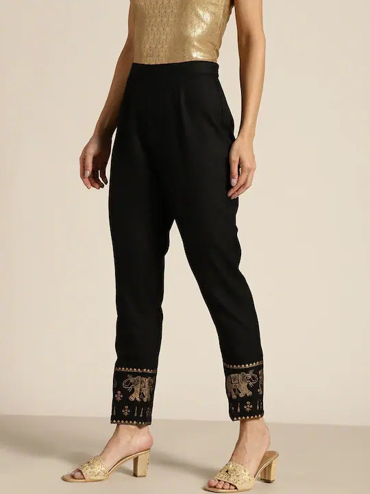 Black Foil Print Pencil Pants - Women's Ethnic Pants for Women