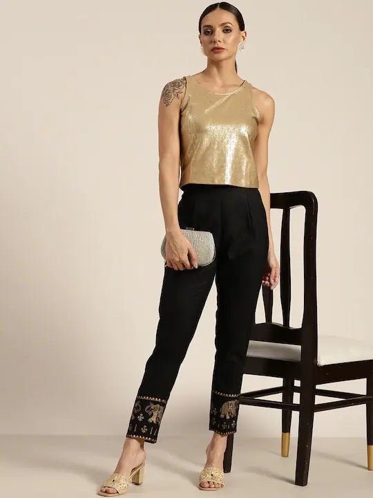 Black Foil Print Pencil Pants - Women's Ethnic Pants for Women