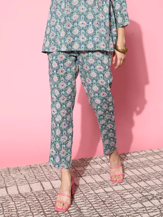 Teal Floral Pencil Pants - Designer Ethnic Pants for Women