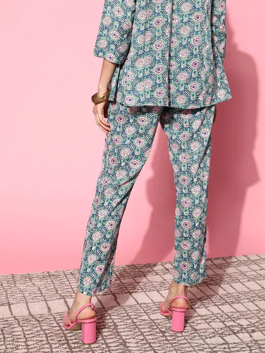 Teal Floral Pencil Pants - Designer Ethnic Pants for Women