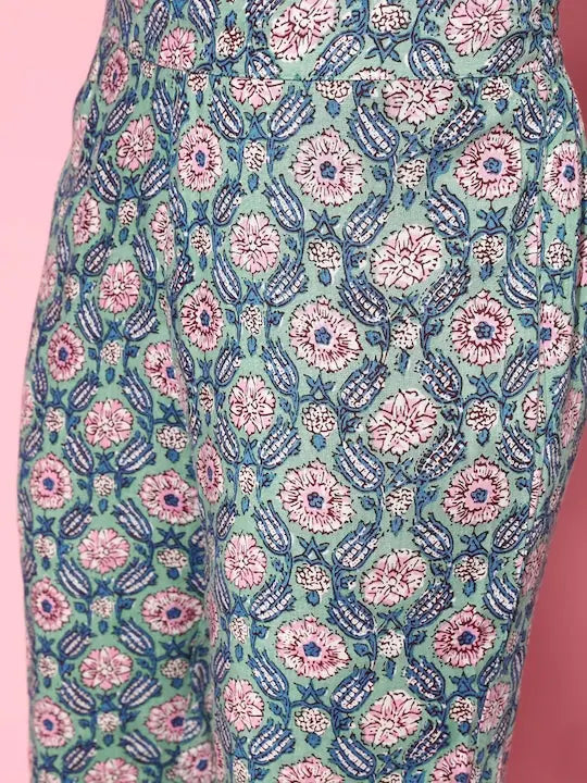 Teal Floral Pencil Pants - Designer Ethnic Pants for Women