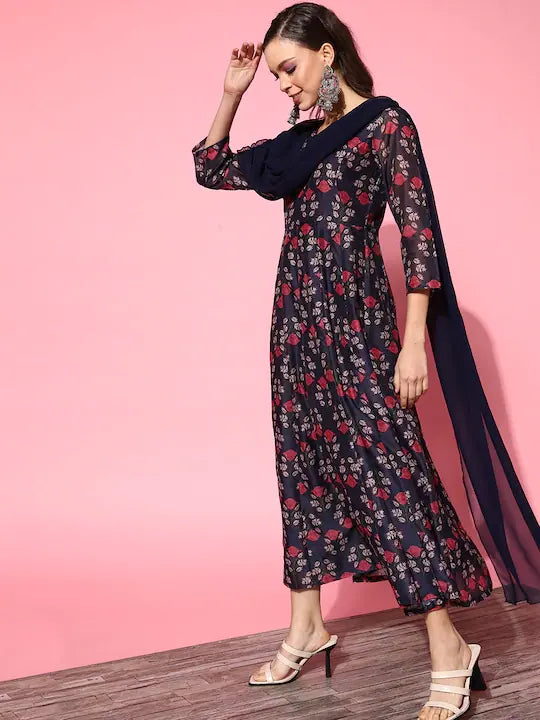 Navy Chanderi Floral Dress with Dupatta - Indian Dresses