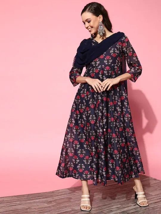 Navy Chanderi Floral Dress with Dupatta - Indian Dresses