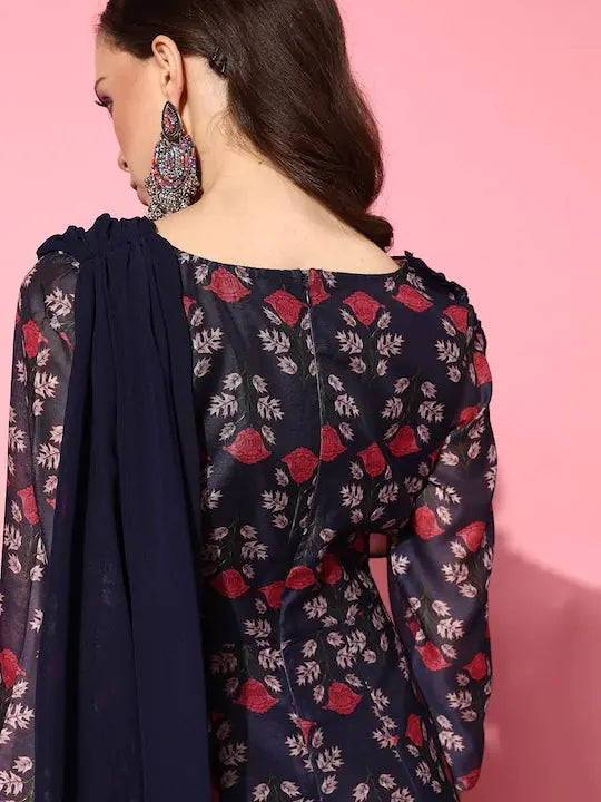Navy Chanderi Floral Dress with Dupatta - Indian Dresses