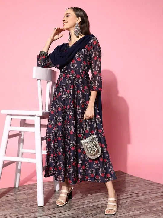 Navy Chanderi Floral Dress with Dupatta - Indian Dresses