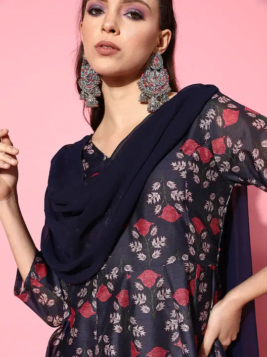 Navy Chanderi Floral Dress with Dupatta - Indian Dresses