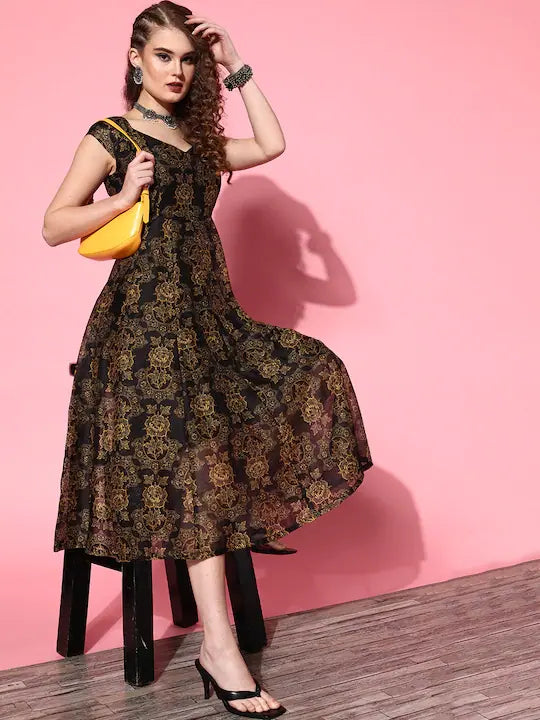 Black Chanderi Floral Anarkali Dress - Anarkali Kurtis for Women