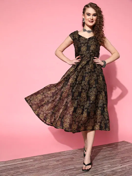 Black Chanderi Floral Anarkali Dress - Anarkali Kurtis for Women