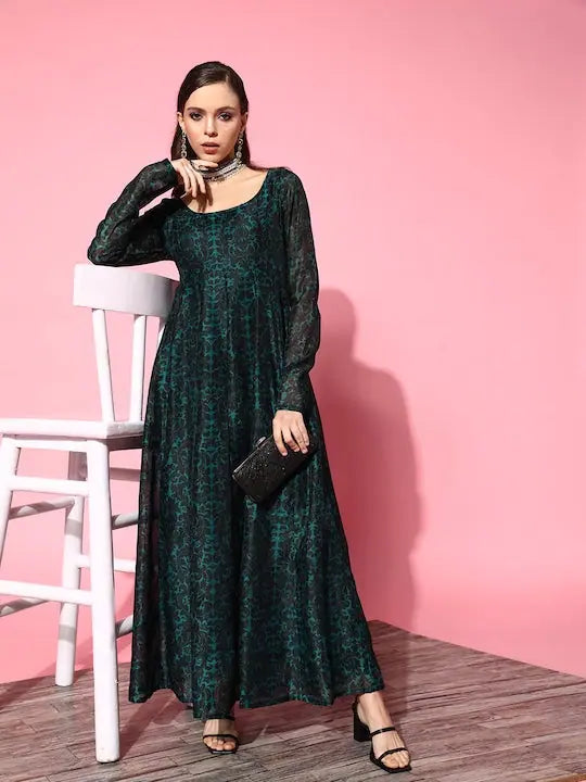 Teal Chanderi Floral Anarkali Dress - Anarkali Suits for Women