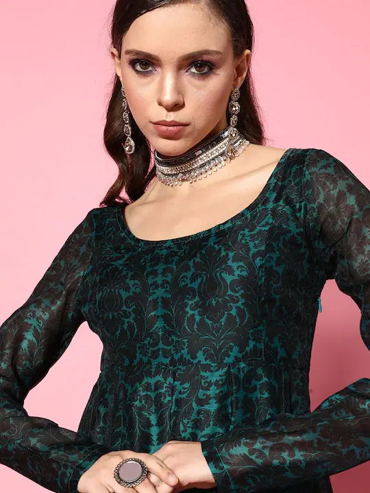 Teal Chanderi Floral Anarkali Dress - Anarkali Suits for Women
