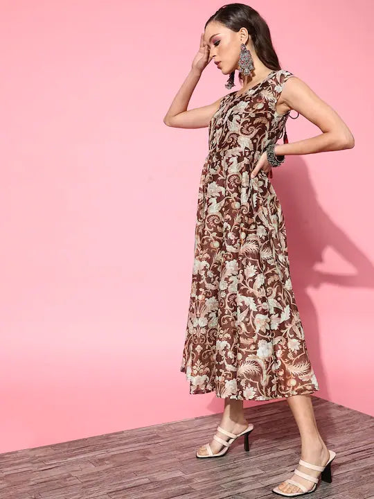 Brown Floral Anarkali Dress - Chanderi Anarkali Kurtis for Women