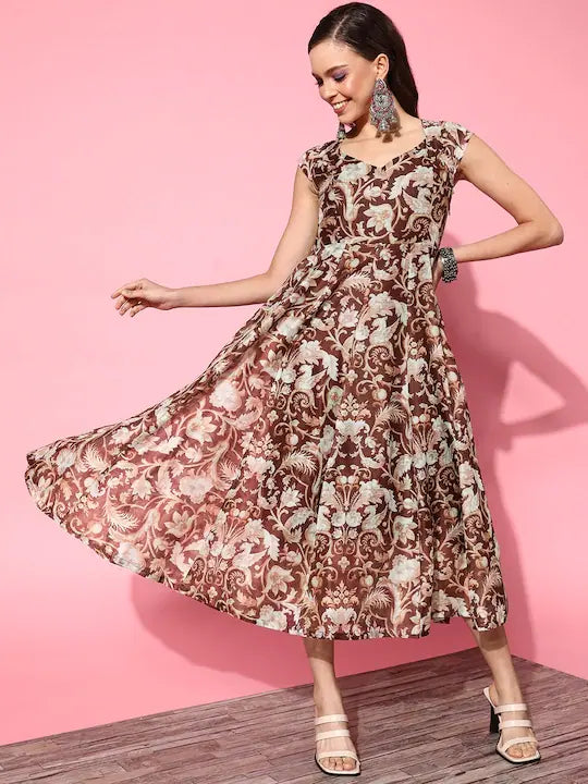 Brown Floral Anarkali Dress - Chanderi Anarkali Kurtis for Women