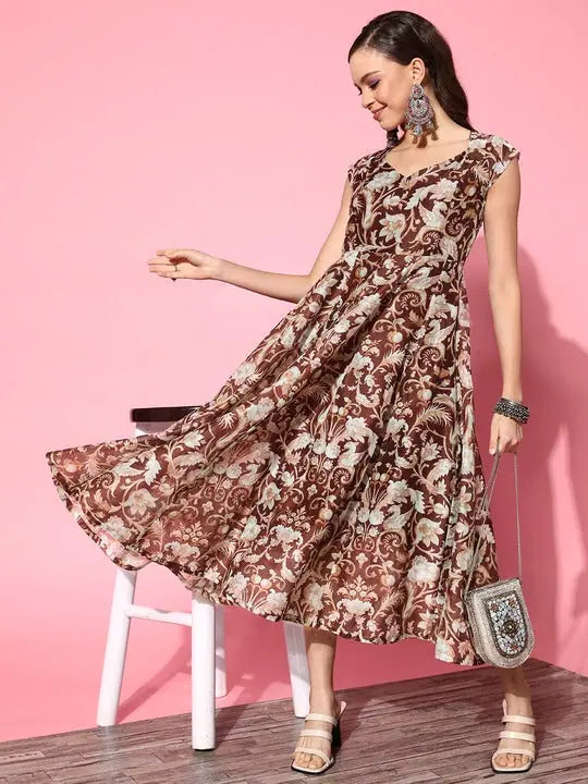 Brown Floral Anarkali Dress - Chanderi Anarkali Kurtis for Women
