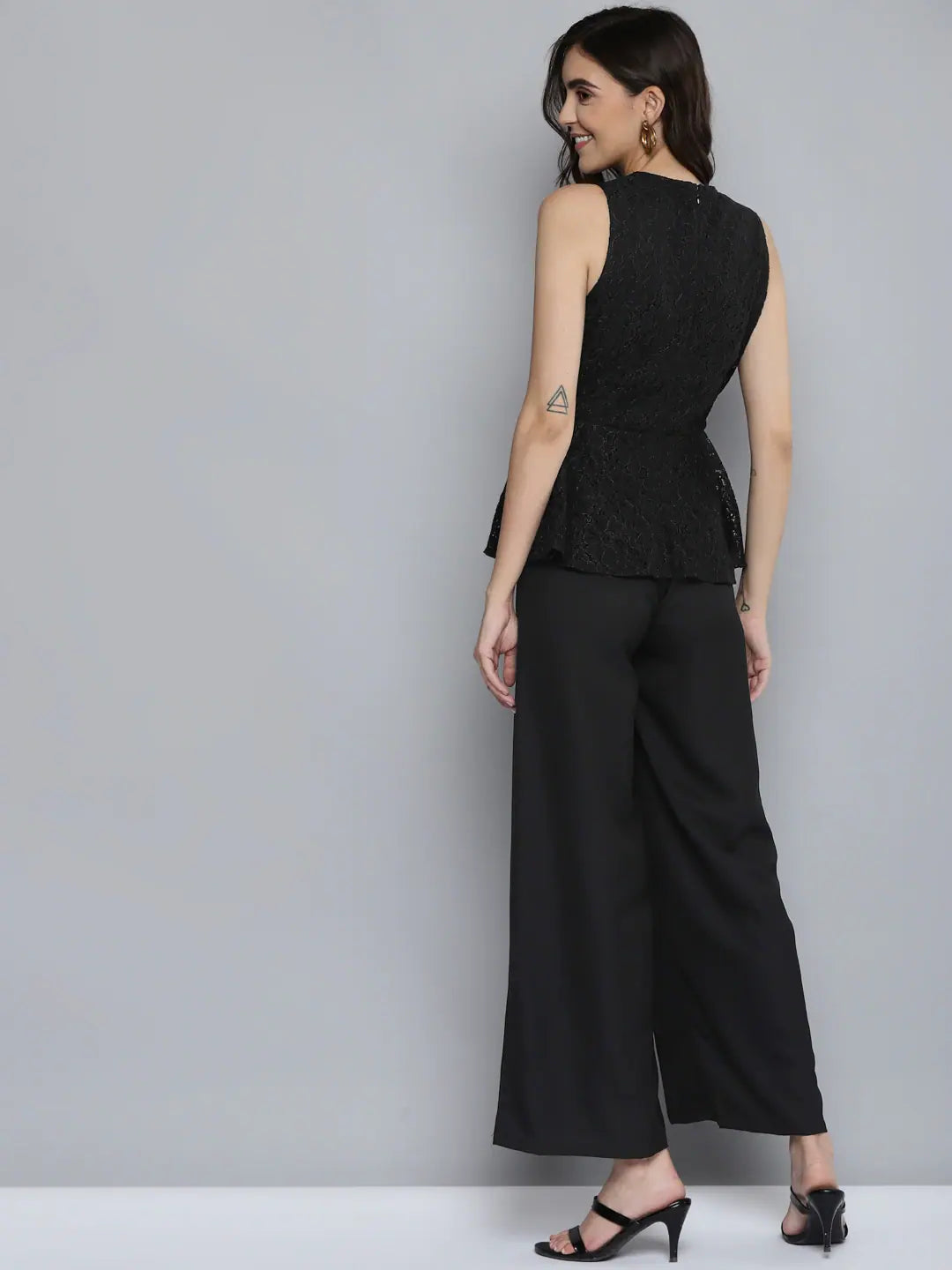 Women's Black Cotton Jumpsuit: Lace Peplum Detail