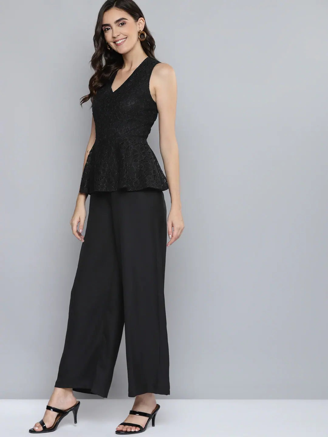 Women's Black Cotton Jumpsuit: Lace Peplum Detail