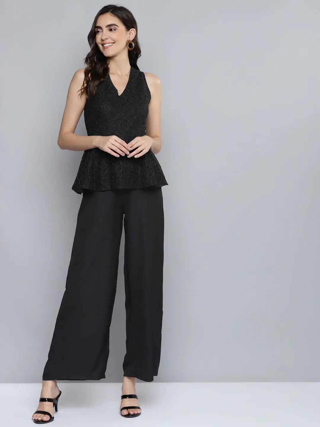 Women's Black Cotton Jumpsuit: Lace Peplum Detail