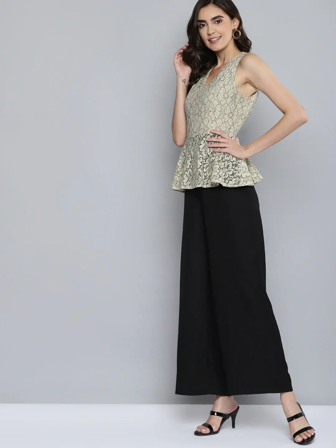 Women's Beige Jumpsuit: Solid Cotton Lace Peplum Detail