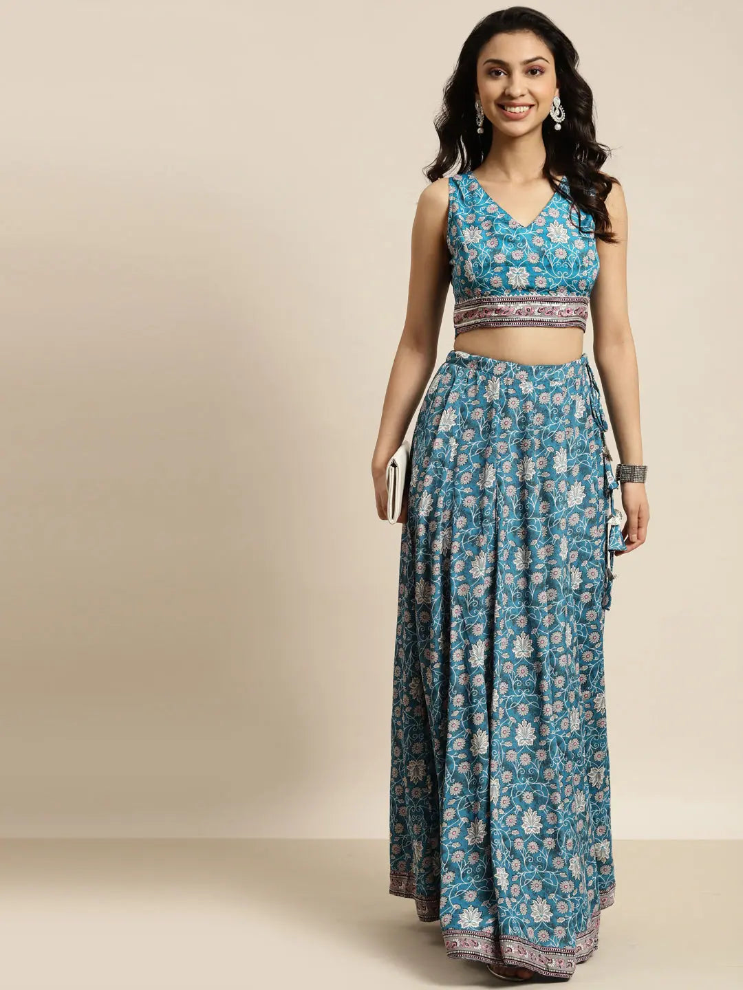 Teal Floral Crop Top | Women's Lehenga Choli Collection