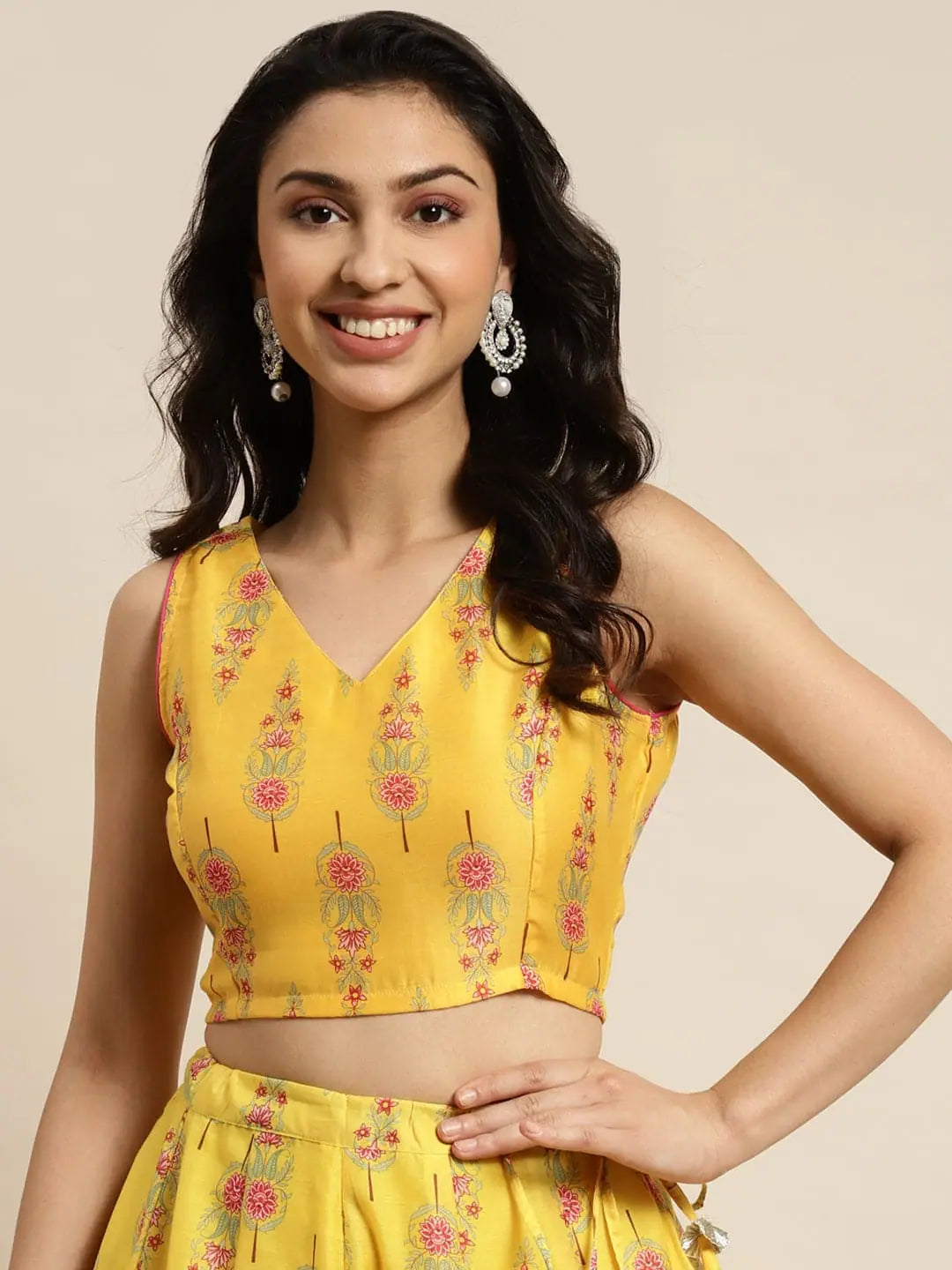 Yellow Floral Crop Top - Women's Festive Lehenga Choli Outfit