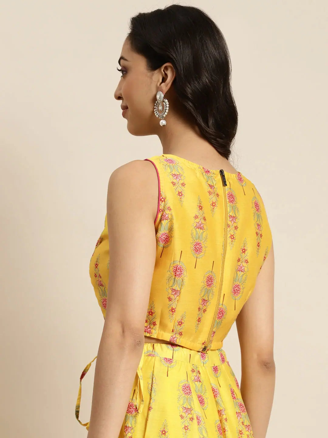 Yellow Floral Crop Top - Women's Festive Lehenga Choli Outfit