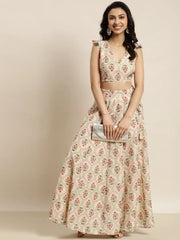 Women Beige Chanderi Mughal Floral Sleeveless Crop Top