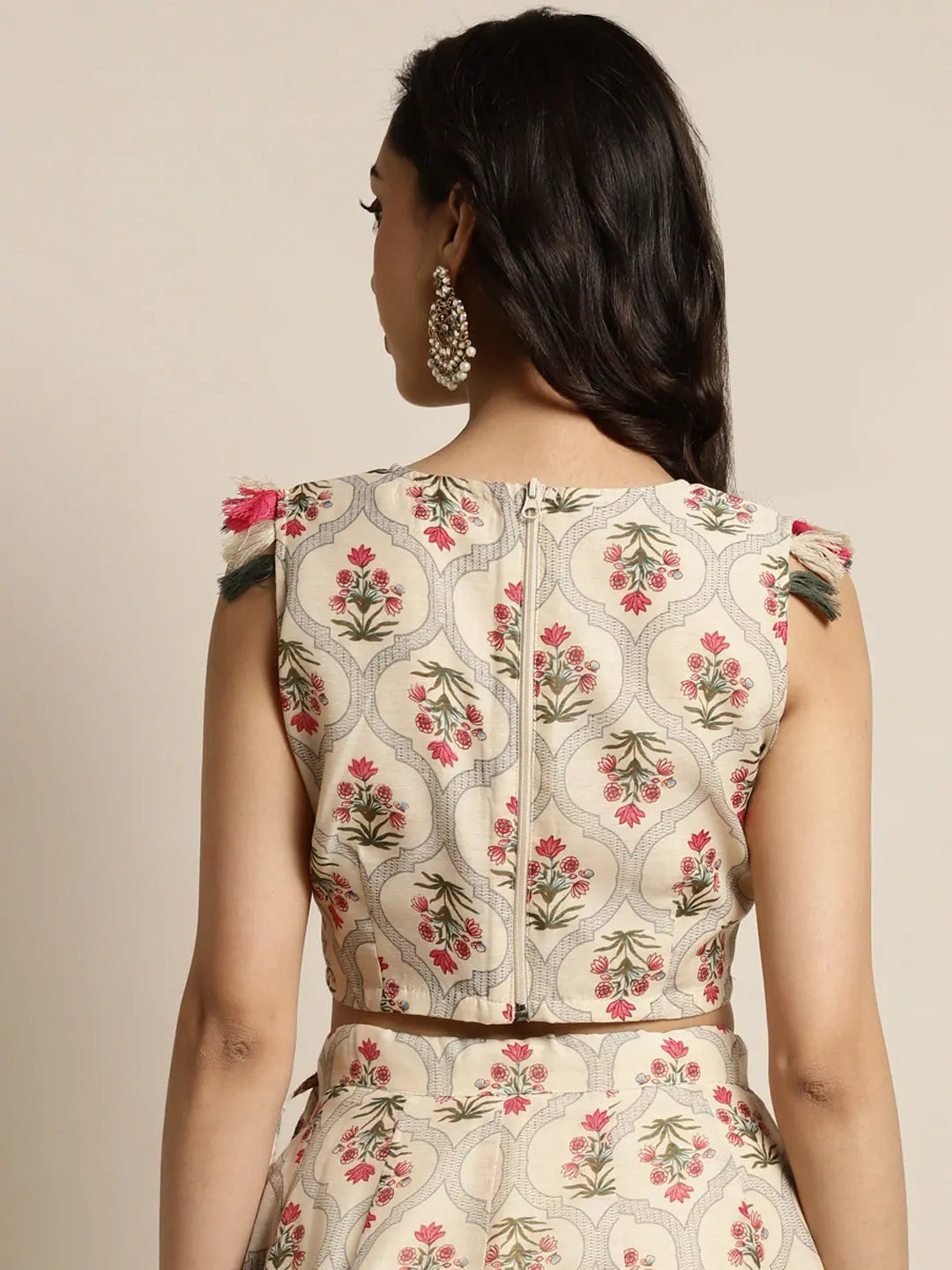 Beige Floral Crop Top - Traditional Indian Lehenga For Women