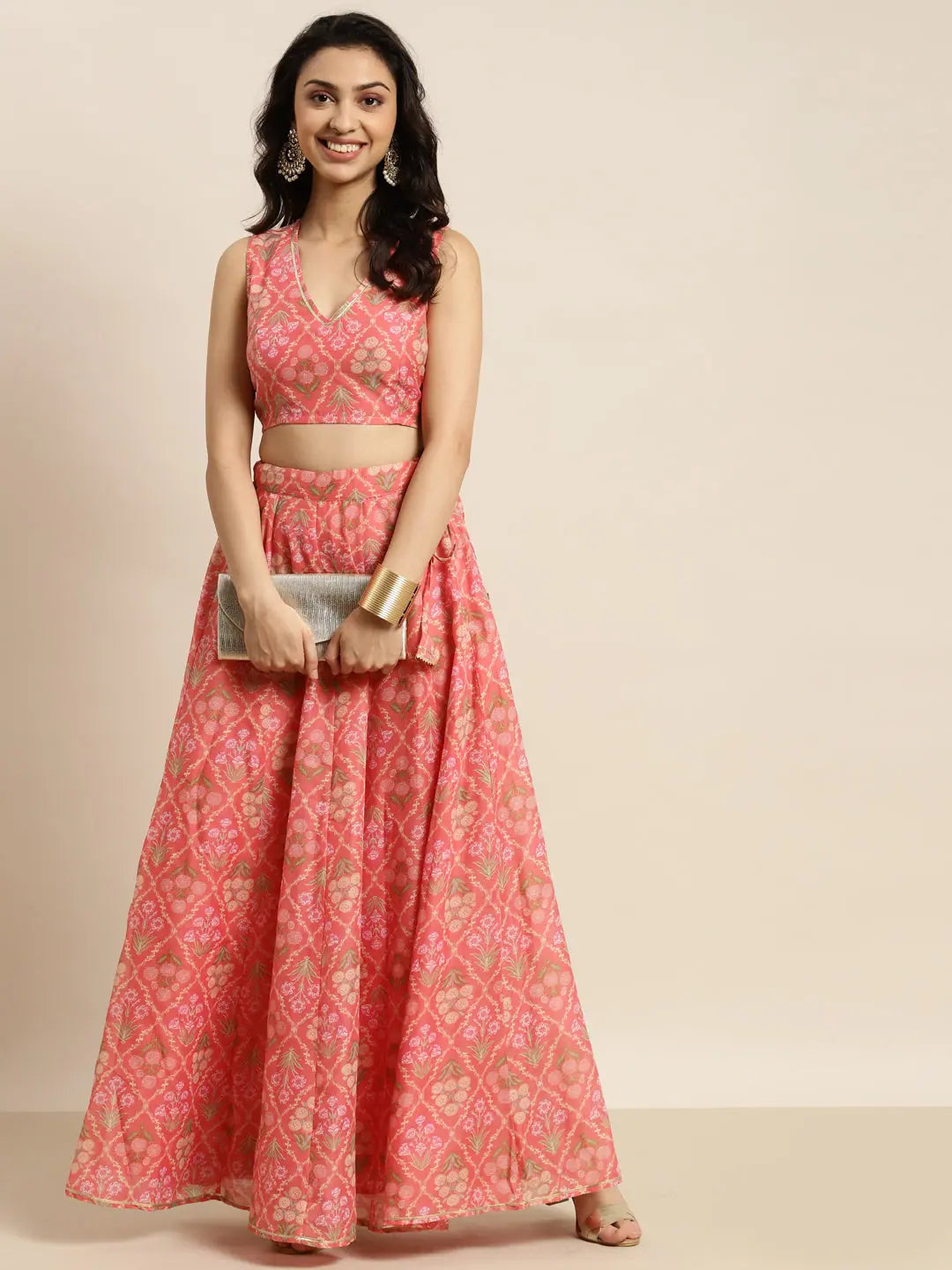 Peach Floral Crop Top - Designer Lehenga & Ethnic Lehenga