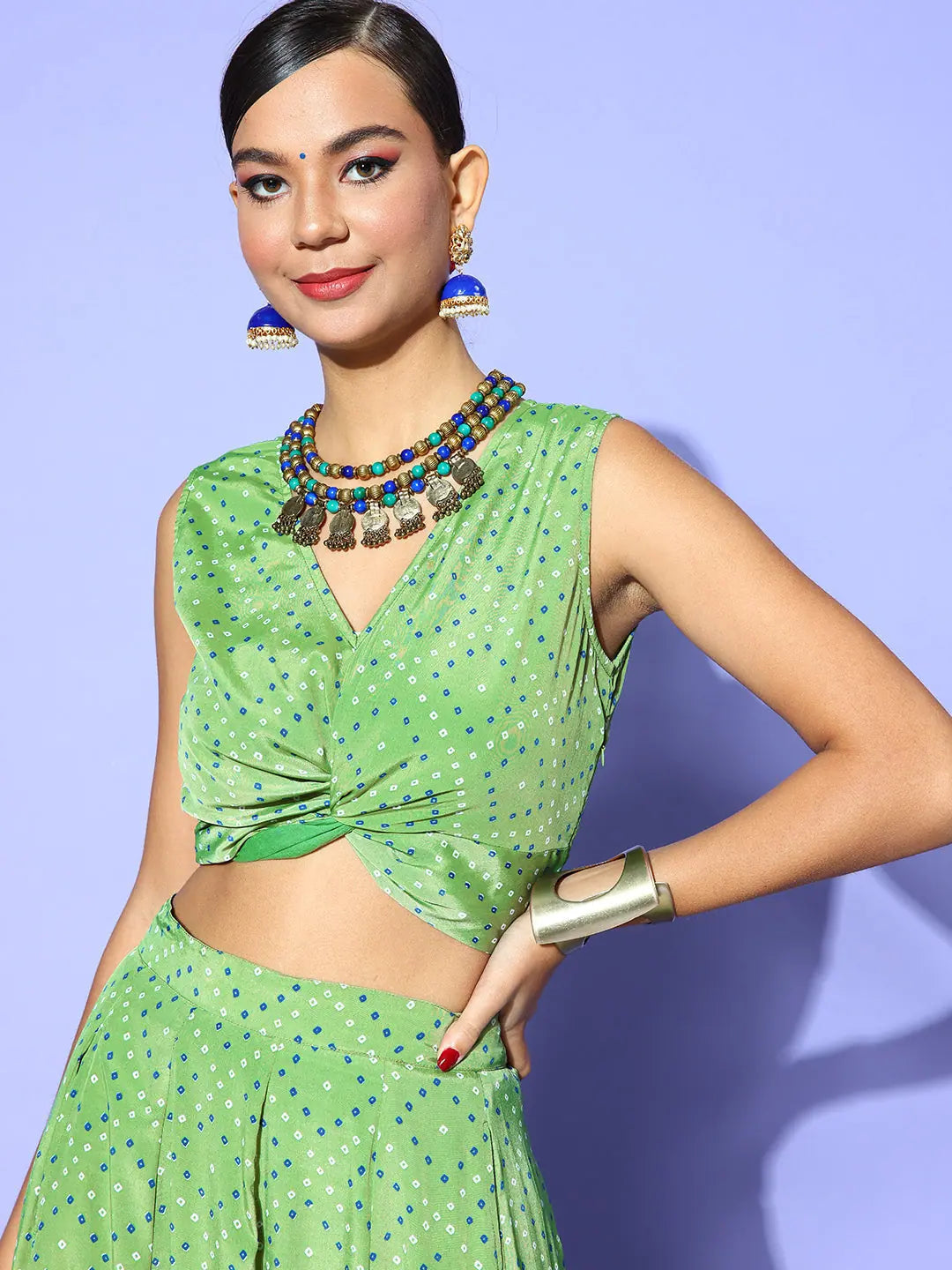 Green Tie Dye Crop Top - Women's Printed Lehenga Choli Style