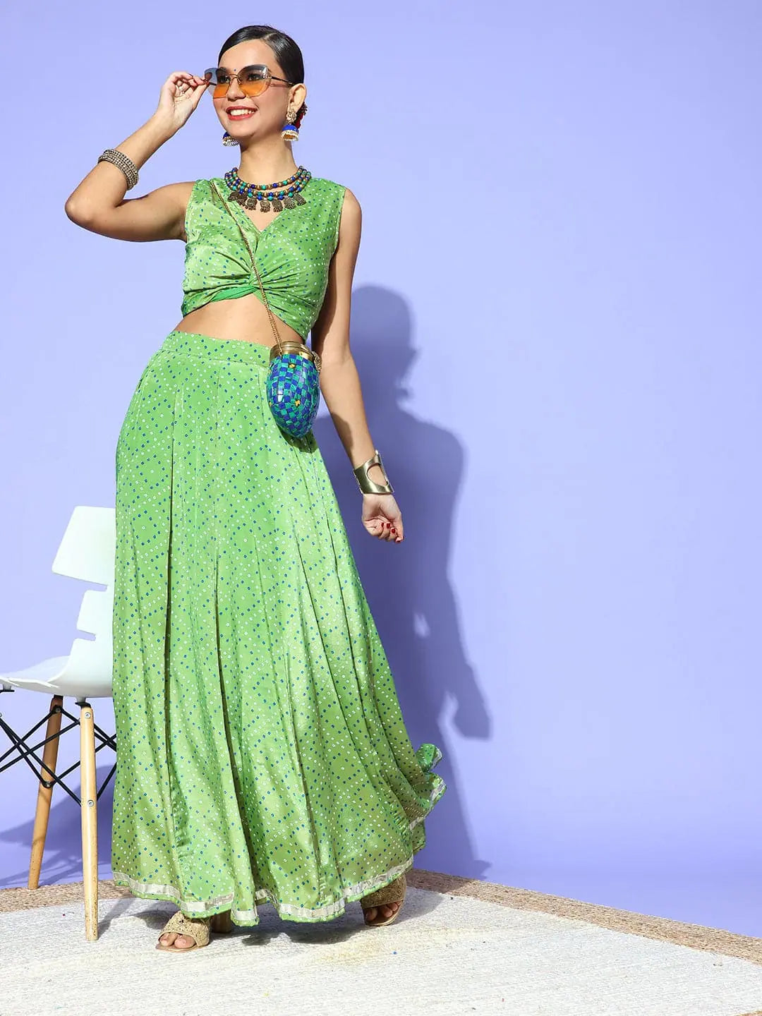 Green Tie Dye Crop Top - Women's Printed Lehenga Choli Style