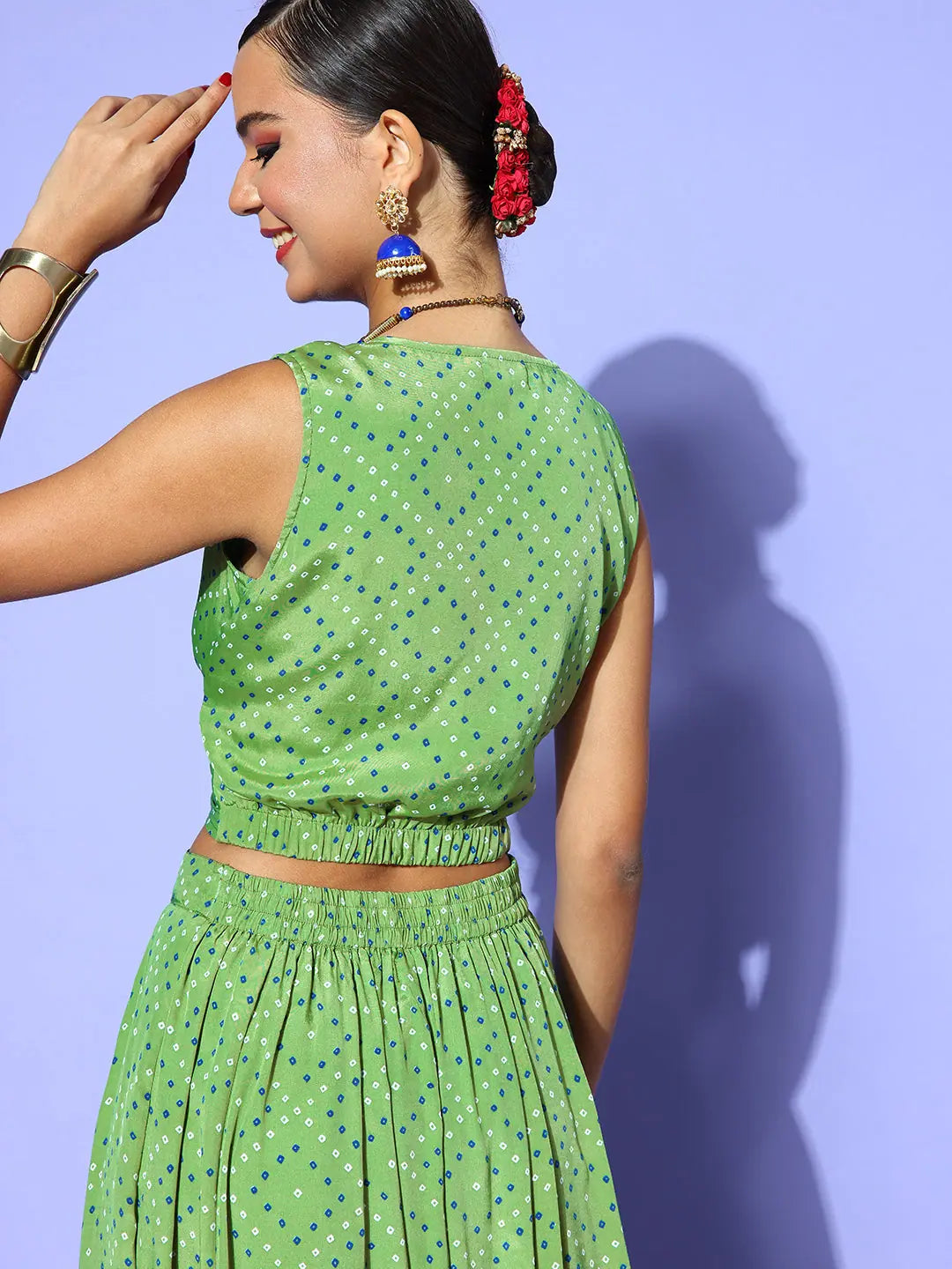 Green Tie Dye Crop Top - Women's Printed Lehenga Choli Style