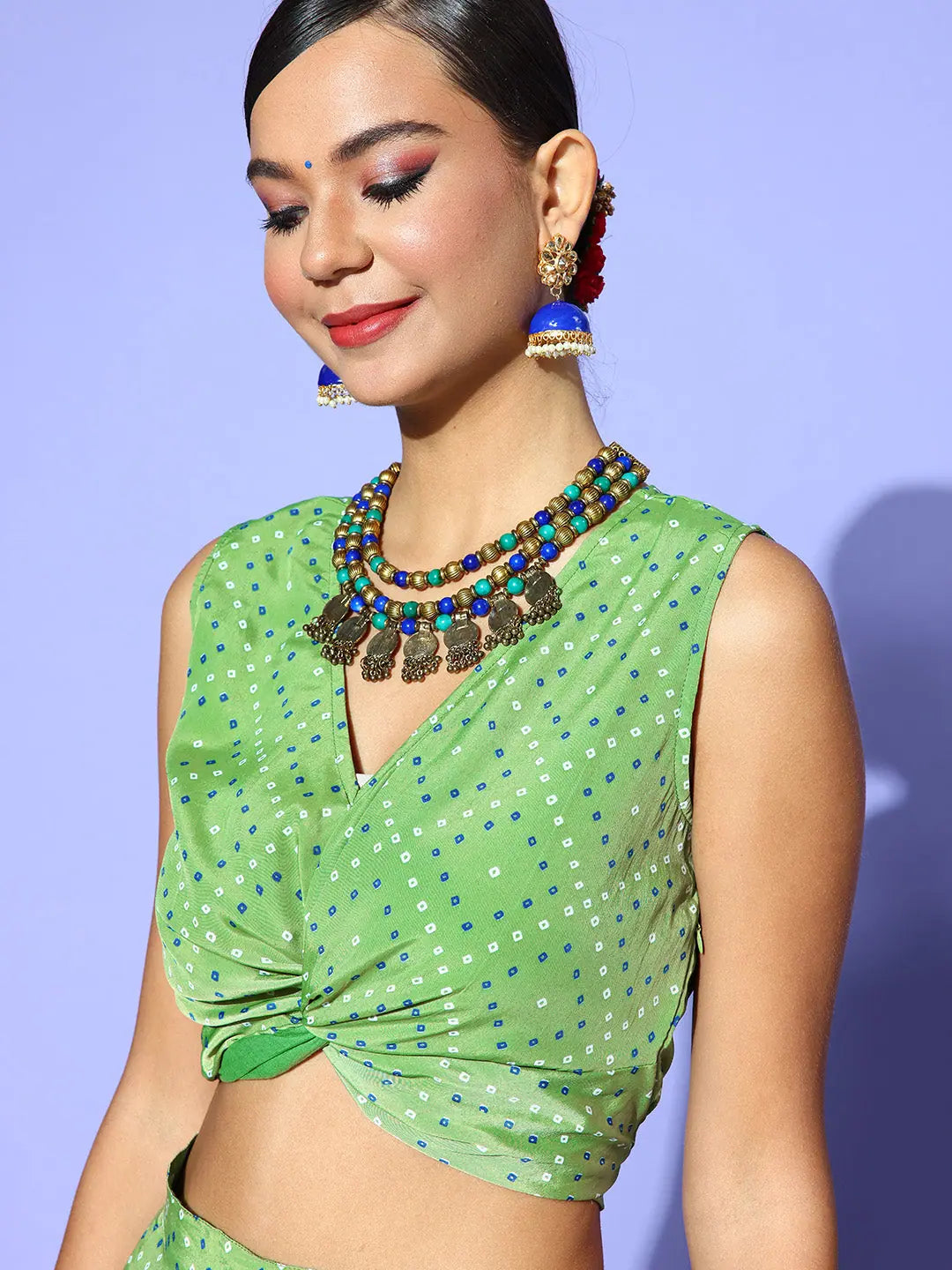 Green Tie Dye Crop Top - Women's Printed Lehenga Choli Style
