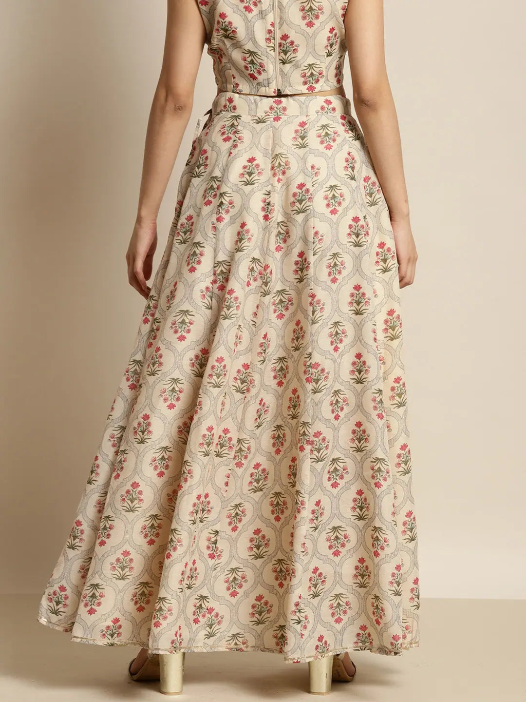 Beige Chanderi Floral Anarkali Skirt | Women's Ethnic Wear