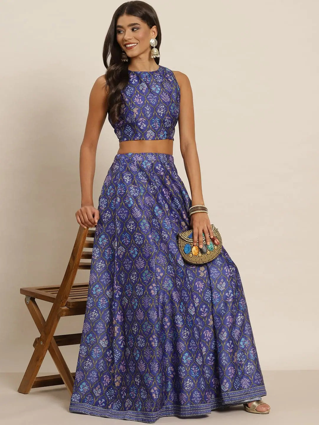 Purple Mughal Floral Women's Lehenga Choli - Anarkali Skirt Set