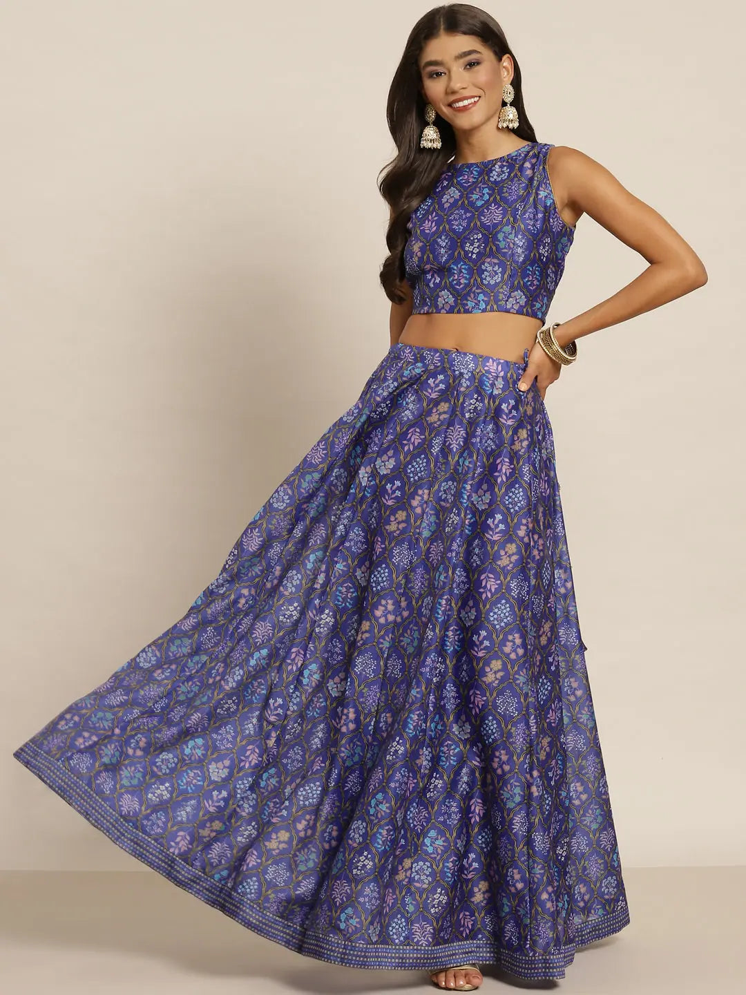 Purple Mughal Floral Women's Lehenga Choli - Anarkali Skirt Set