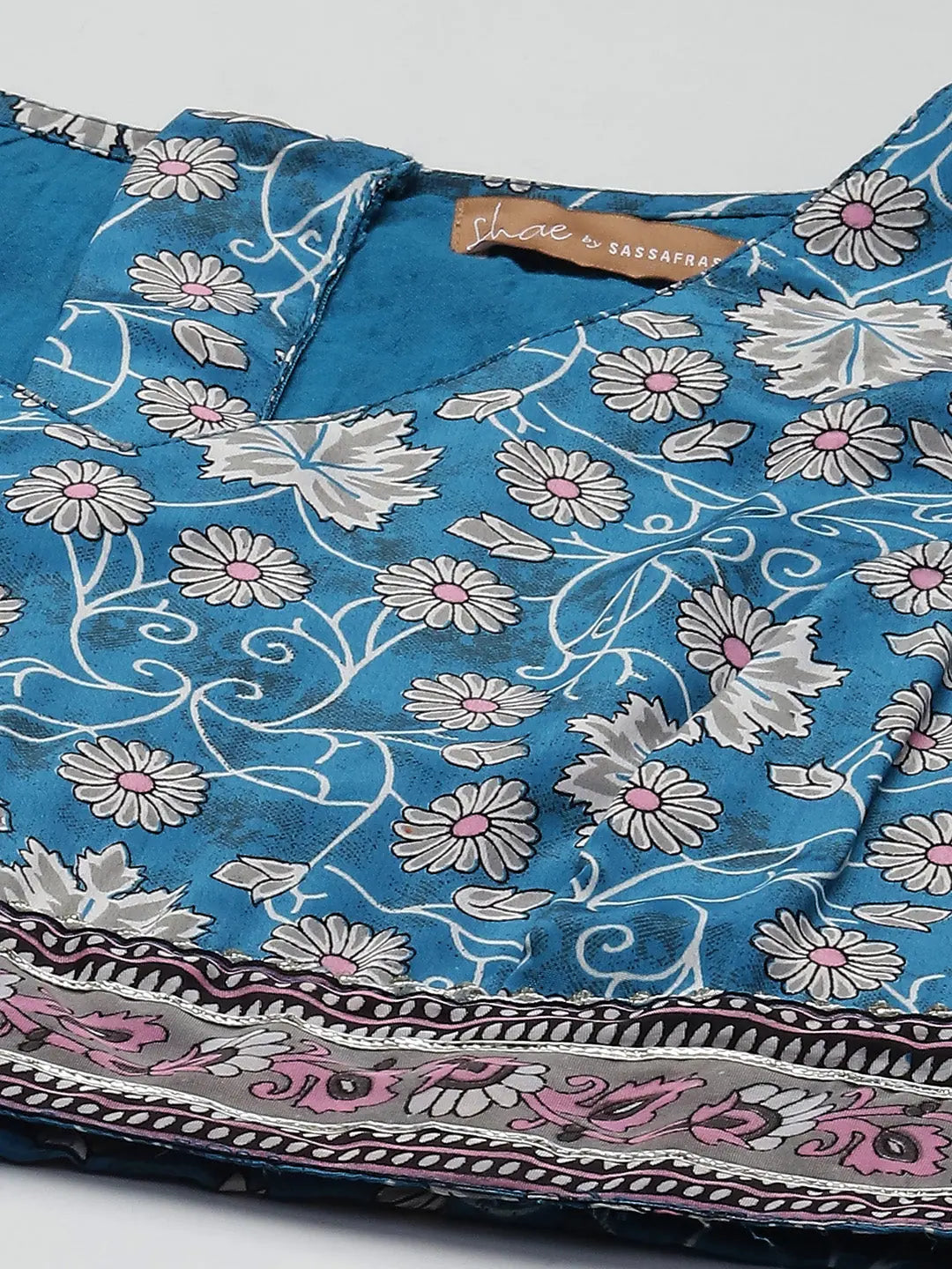 Teal Floral Lehenga Choli: Women's Crop Top & Anarkali Skirt