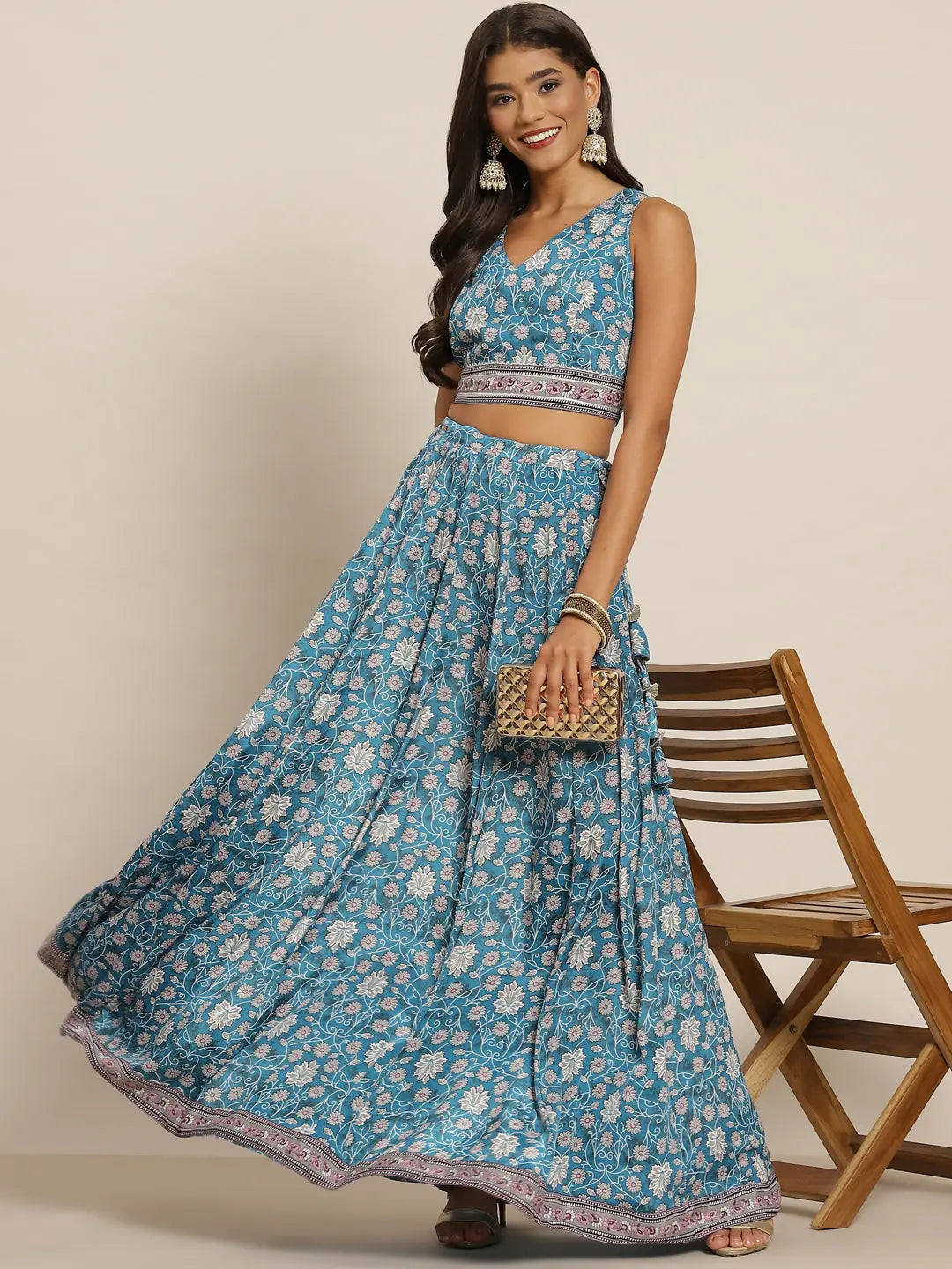 Teal Floral Lehenga Choli: Women's Crop Top & Anarkali Skirt