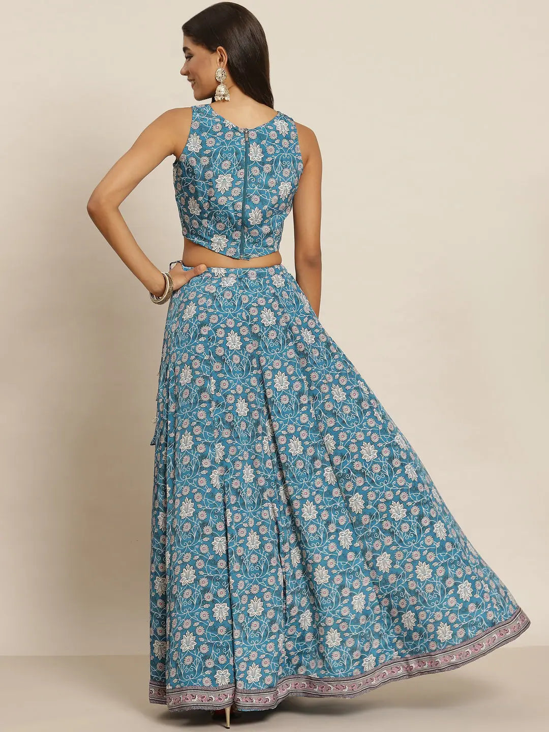 Teal Floral Lehenga Choli: Women's Crop Top & Anarkali Skirt