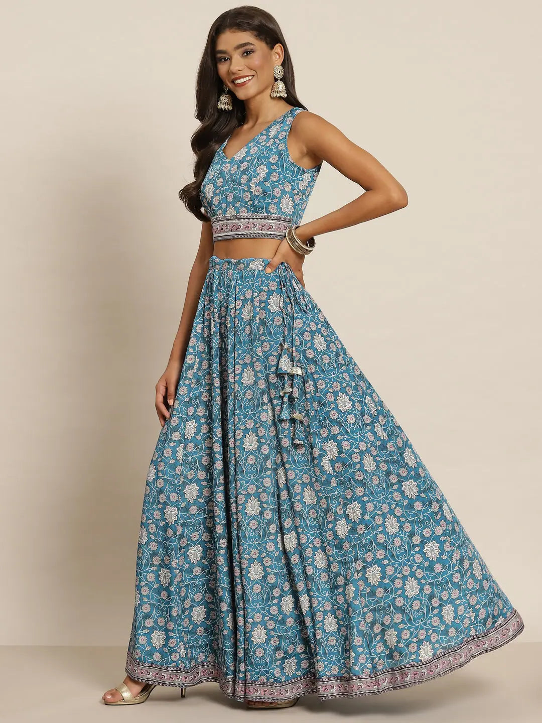 Teal Floral Lehenga Choli: Women's Crop Top & Anarkali Skirt