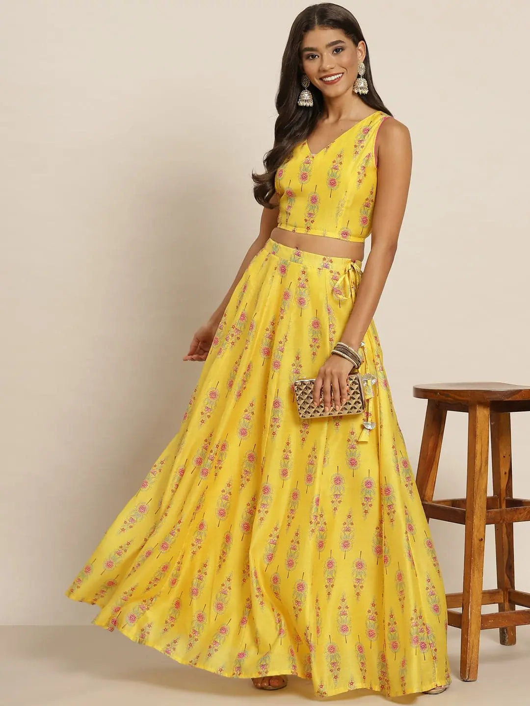 Yellow Floral Anarkali Skirt Set - Women's Festive Lehenga