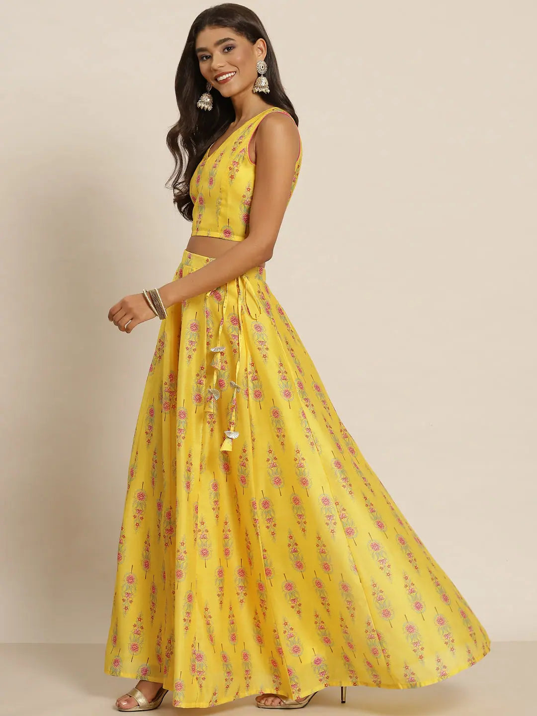 Yellow Floral Anarkali Skirt Set - Women's Festive Lehenga