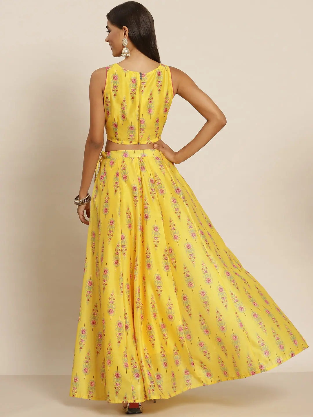 Yellow Floral Anarkali Skirt Set - Women's Festive Lehenga