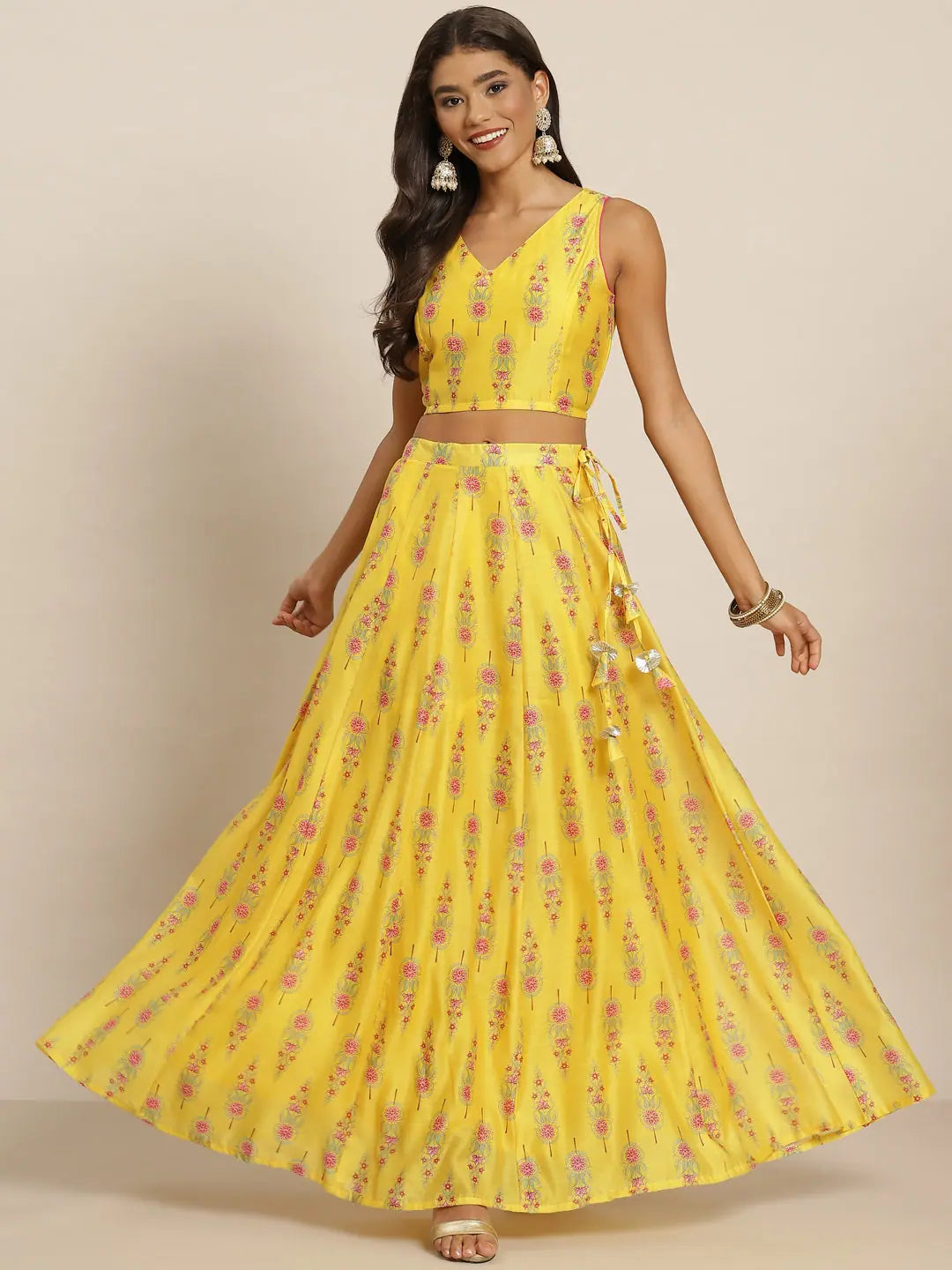 Yellow Floral Anarkali Skirt Set - Women's Festive Lehenga