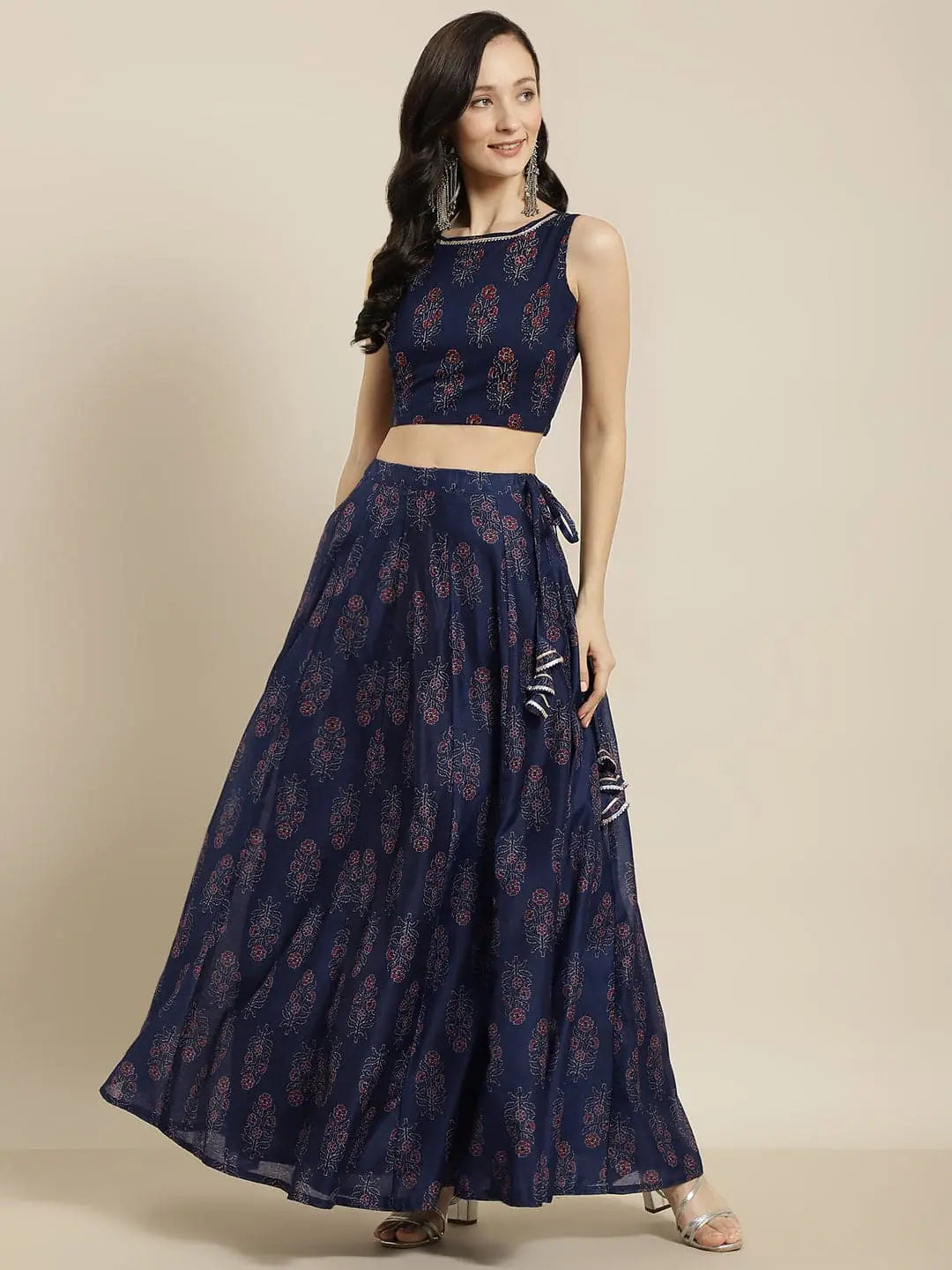 Navy Floral Crop Top Anarkali Skirt - Women's Lehenga Choli
