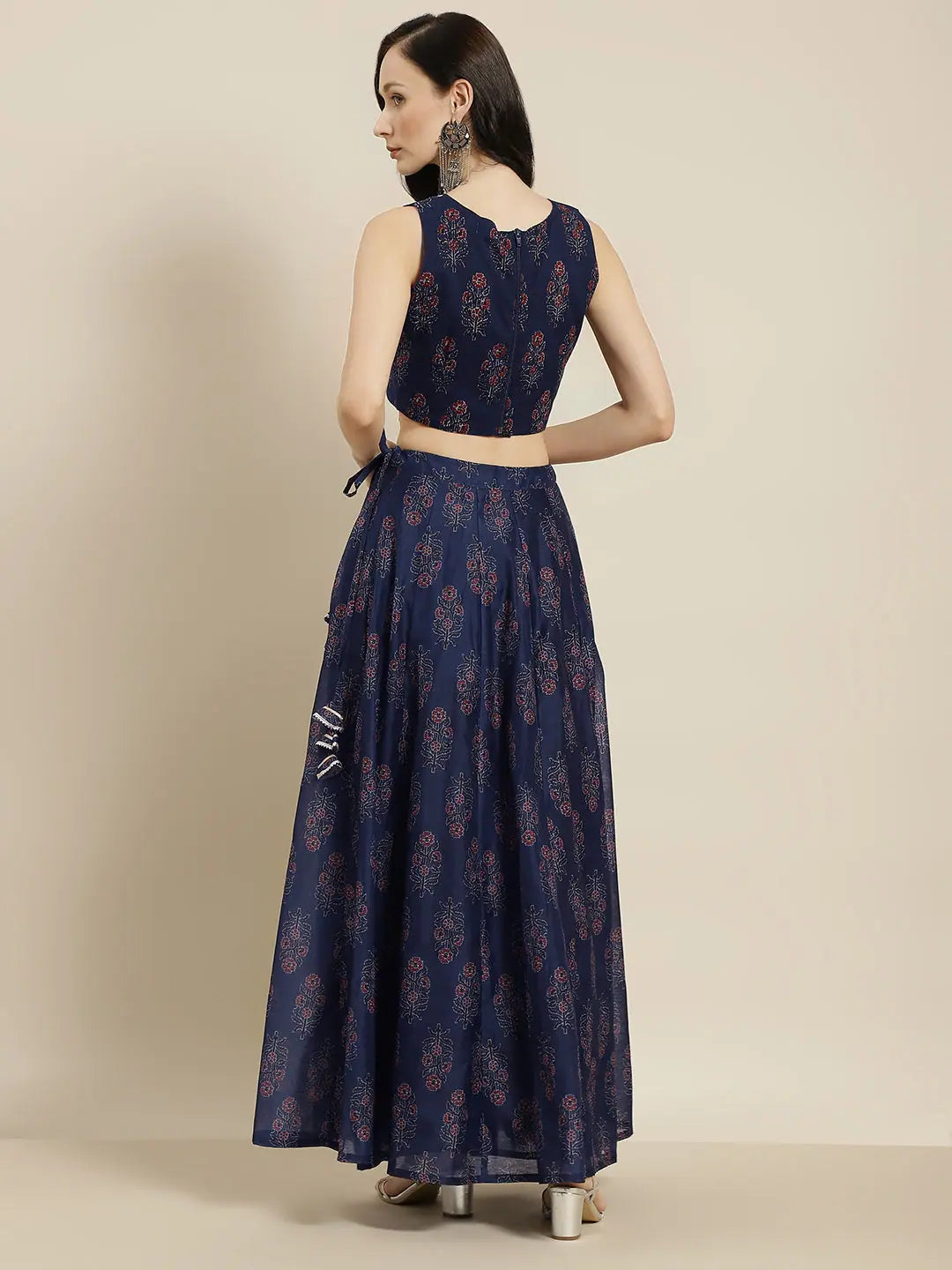 Navy Floral Crop Top Anarkali Skirt - Women's Lehenga Choli