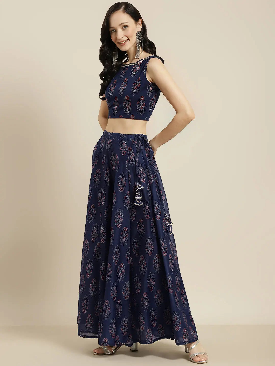 Navy Floral Crop Top Anarkali Skirt - Women's Lehenga Choli