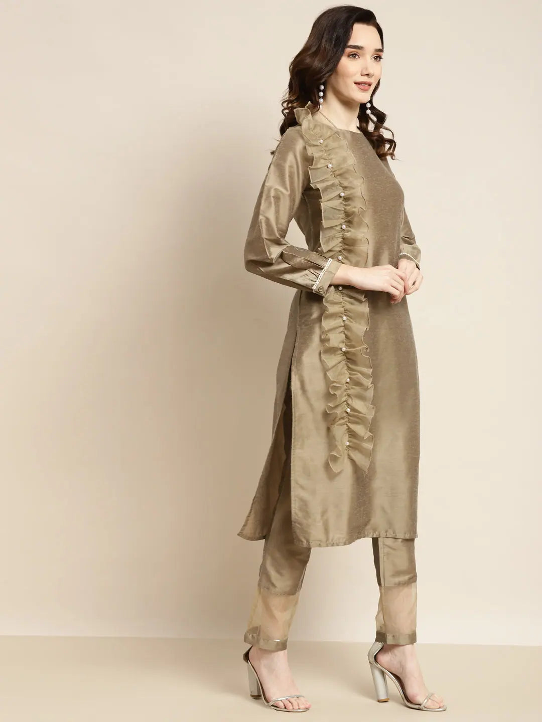 Grey Organza Ruffle Dupatta Kurta Set | Indian Kurta Sets