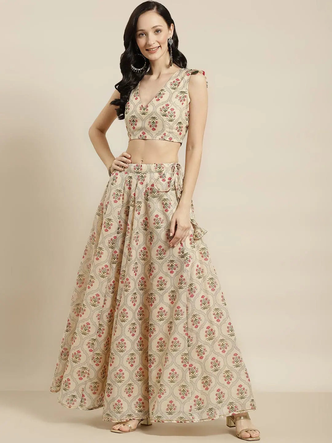 Beige Mughal Floral Anarkali Skirt - Women's Designer Lehenga