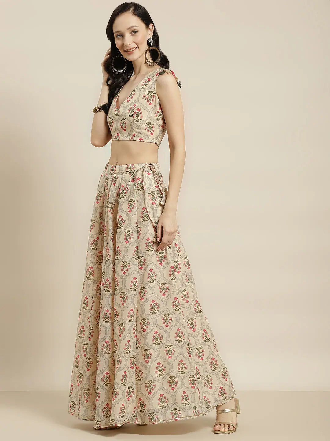 Beige Mughal Floral Anarkali Skirt - Women's Designer Lehenga