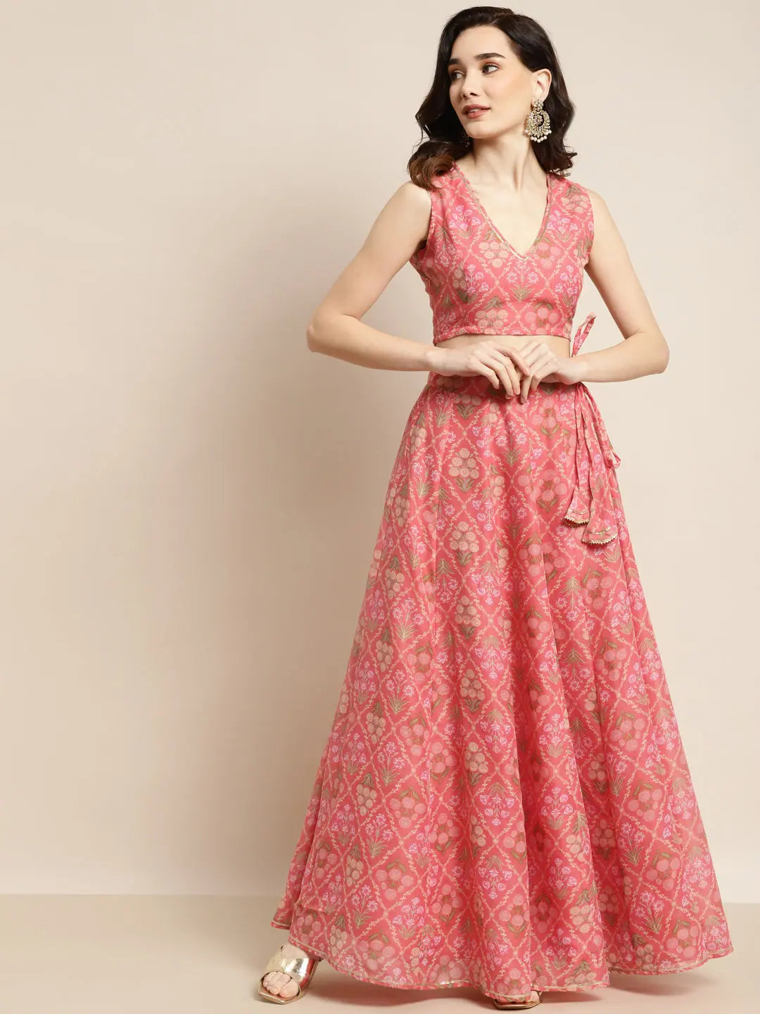 Peach Mughal Floral Anarkali Skirt Set - Women's Lehenga